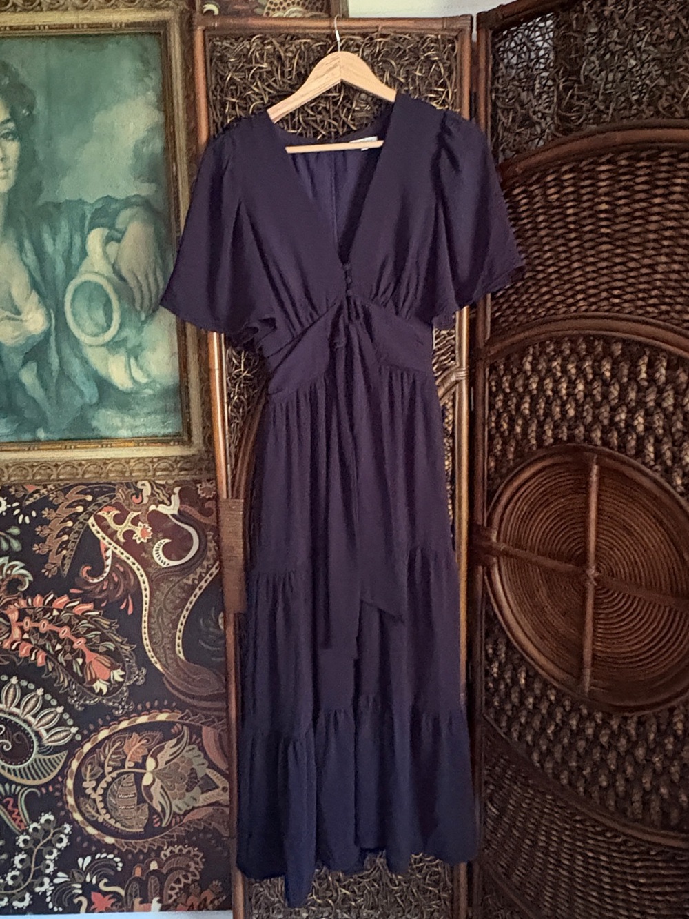 TUSSAH Navy Midi Dress Size 6 Flutter Sleeve Button Front Tiered Boho